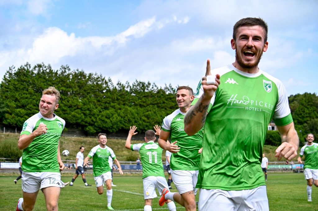 Charlton Gauvain celebrates his early goal against Bexhill United in the FA Vase