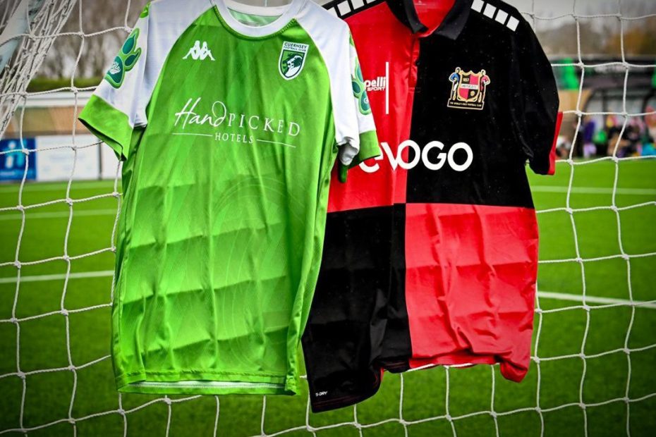 Guernsey FC and Sheffield FC shirst hung up in the goal at Victoria Park