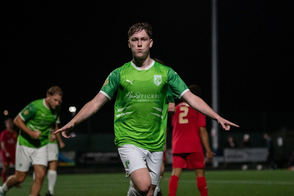 George Goubert celebrates putting Guernsey ahead at Newhaven.